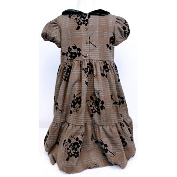 Laura Ashley London Girls Dress Brown Plaid Black Velvet Collar & Flowers Sz 6 - Picture 4 of 10